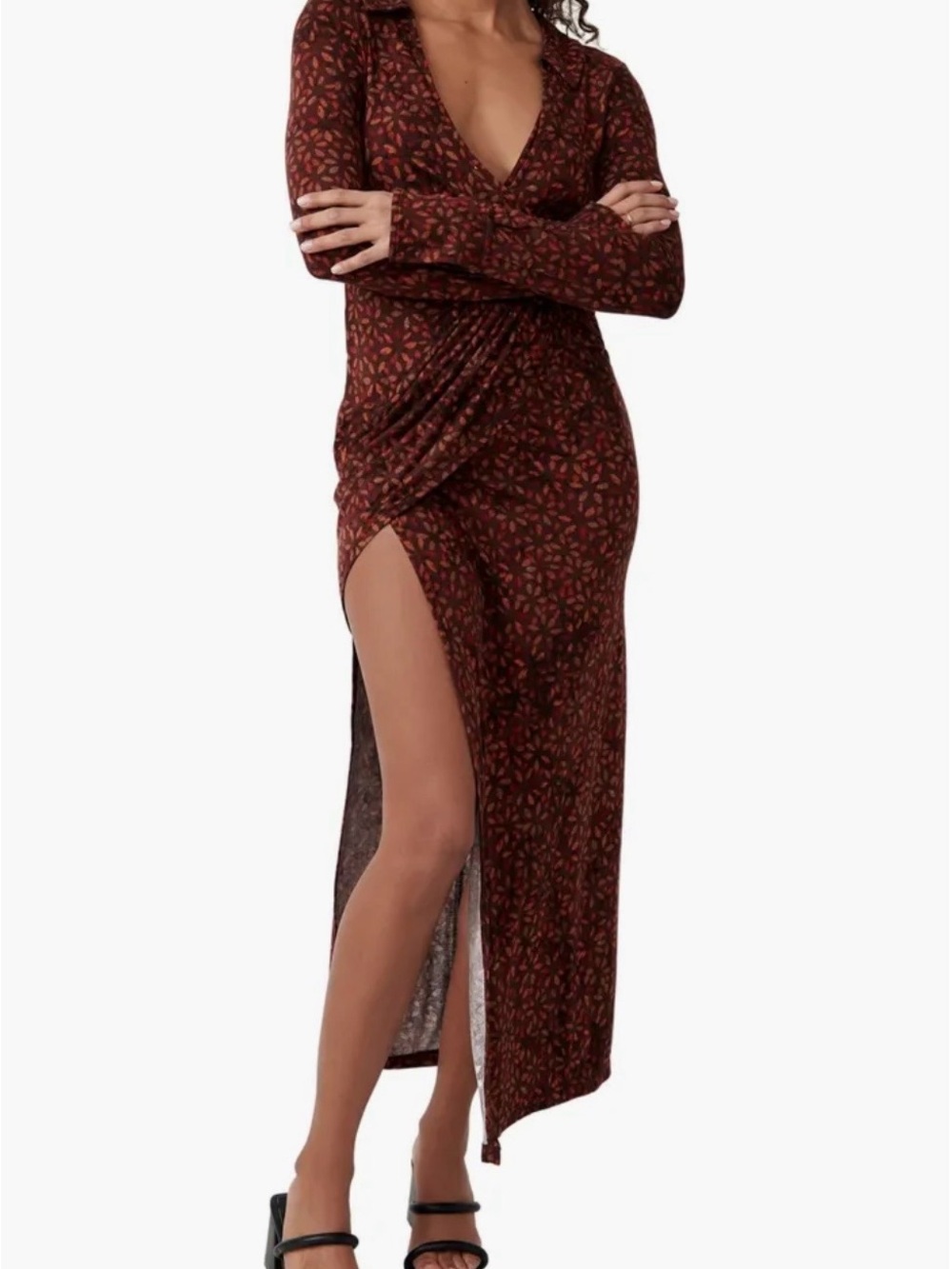 Free People Burgundy Floral Wrap Maxi Dress with High Side Slit